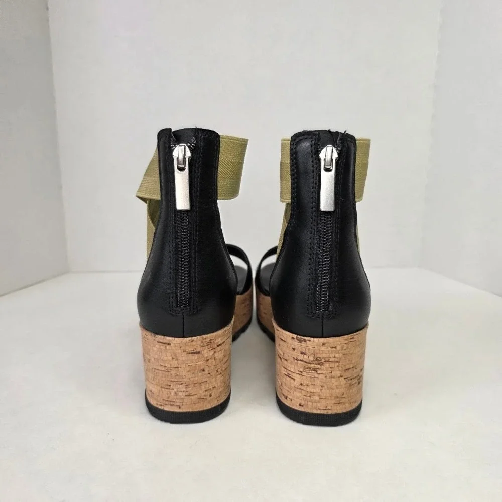 Sorel Women 7.5 Cameron Flatform Sandals Black Sage Cork LL6025-010